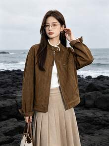 Korean Style Vintage Fleece Suede Lamb Wool Jacket Solid Color Zipper Jacket Daily Office Campus Autumn Winter - Coffee Brown - View 6