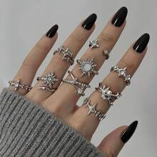 9pcs Silver Rhinestone Star Open Lava Metal Texture Easy To Match Sweet Cool Hot Girl Ring Set - Silver - View 6