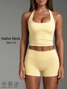 Women's 2 Pieces Athletic Casual Set, Halter V-Neck Backless Cropped Tank Top, Elastic Basic Leggings & Sports Shorts, Suitable For Yoga, Training, Gym, Daily Wear - Light Yellow - View 5