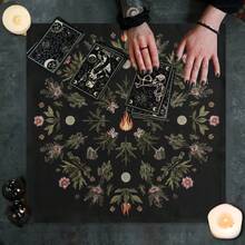 1pc 1pc Black Mandala Botanical Witch Tarot Cloth Floral Crystal Flame Print Square Altar Mat Soft Fabric Tarot Spread Table Tapestry Mystic Spiritual Ritual Bedroom Decor Gift - Black - View 6