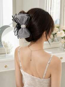 1pc Women's Oversized Bow Hair Claw Clip, Black/Grey Tulle Layered Bow Hair Clip With Rhinestone Center, Strong Grip, Suitable For Updo Hairstyles, Daily Wear, Wedding, Party, Date, Summer Outings, Also As Holiday Gift - Multicolor - View 4
