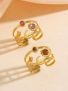 2pcs Stainless Steel 18K Gold Plated Triple Layer Hollow Star Moon Sun Open Ring Set, Suitable For Women's Daily Commute Wear - Multicolor - View 1