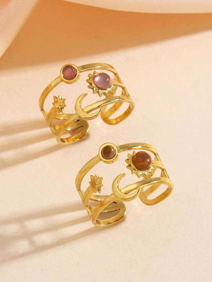 2pcs Stainless Steel 18K Gold Plated Triple Layer Hollow Star Moon Sun Open Ring Set, Suitable For Women's Daily Commute Wear - Multicolor - View 1