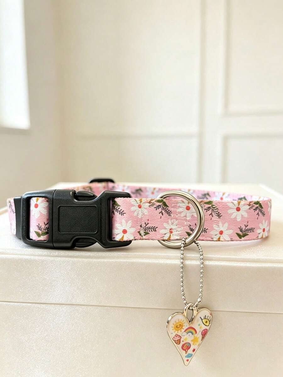 1pc Durable Nylon Dog Collar, Adjustable Pattern Printed Dog Collar With Metal Heart Pendant Decoration - Multicolor - View 1