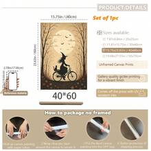 1pc Framed Canvas Wall Art Decor, Vintage Dark Academia Style Witch Riding Bicycle With Black Cat In Basket, Full Moon Autumn Silhouette Canvas Painting, Autumn Maple Tree Bat Dark Mood Halloween Oil Painting Print Poster, Quirky Pastoral Farmhouse Dark Aesthetic Decorative Wall Art, Suitable For Modern Home Decor, Room Decor, Halloween Decor, Halloween Poster, Witch Art, Gothic Poster, Halloween Home Decor, Halloween Gift - Witch - View 15