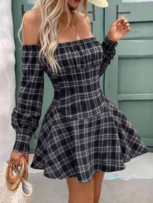 Autumn New Square Neck Plaid Long Sleeve Y2K Style Cinched Cinched Waist Short Dress - Black - View 2
