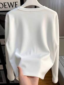 White Round Neck Long Sleeve T-Shirt Women Spring Autumn Inner Layer Base Top Slimming Drape Solid Color Casual - White - View 3