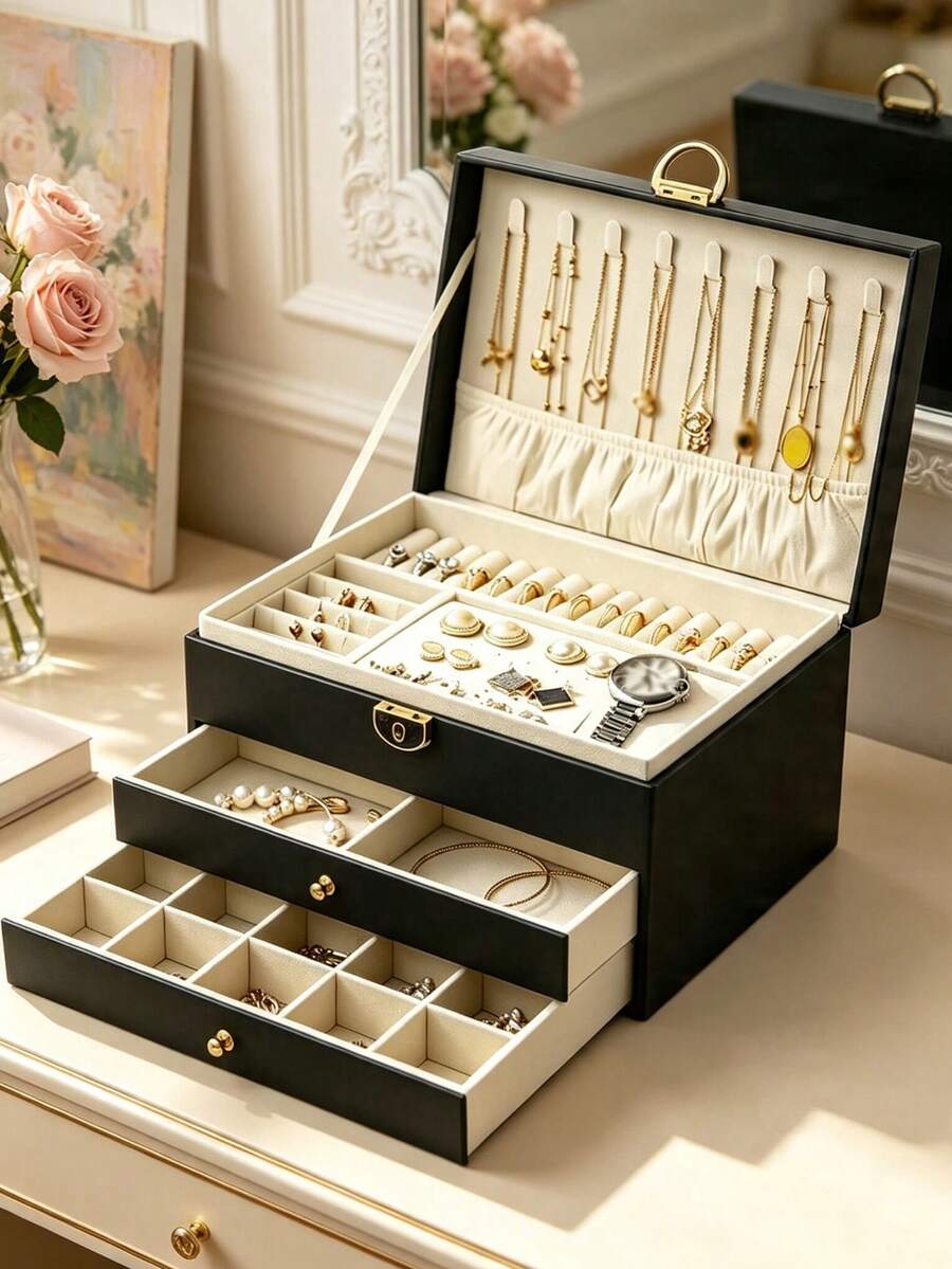 1/2/3-Layer Lockable Jewelry Box, Necklace, Ring, Earring Storage Organizer, Women's Back-To-School Gift - Black - View 1