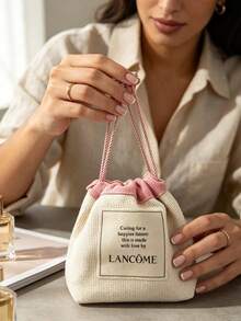 Lancôme Matte Ivory Waterproof Faux Leather Makeup Bag With Embossed Double Rose Pattern, Portable Foldable Travel Cosmetic Organizer LANCOME-GIFT-22 - White - View 4