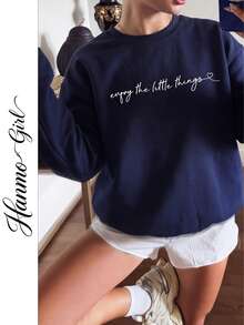 Women's Autumn/Winter New Minimalist No-Print Casual Fashion Versatile Crew Neck Sweatshirt - Navy Blue - View 1