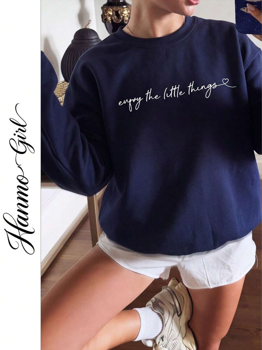 Women's Autumn/Winter New Minimalist No-Print Casual Fashion Versatile Crew Neck Sweatshirt - Navy Blue - View 1