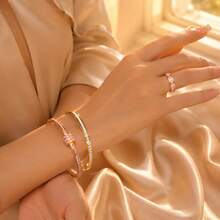 3pcs/Set Women's Elegant Premium Gold-Plated Jewelry Set, Romantic Pink Rhinestone Knot Bracelet & Ring With Clear Crystal Bangle, Sweet Pure Style, Gift Recommendation, Versatile For Daily Wear - Gold - View 2