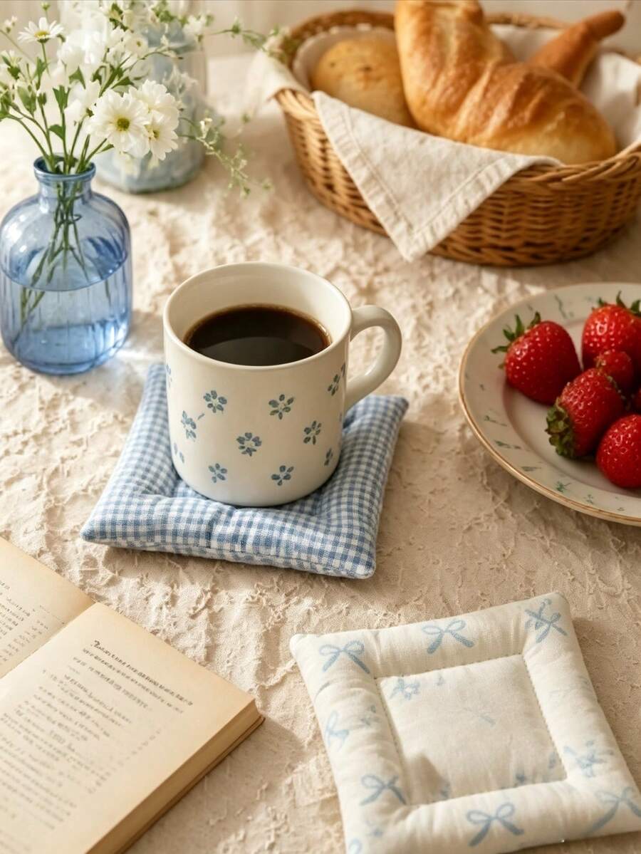 Blue Quilted Fabric Coaster Set, Soft Thickened Coffee Cup Mats, Plaid Striped Bow Print Design, Cute Kitchen Dining Table Decor, Handmade Style Mug Coasters, Suitable For Coffee Bar, Restaurant, Office Desk Accessories - Multicolor - View 1