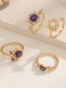 4pcs Fashion Ins Style Sun Moon Diamond Gemstone Ring Set, Valentine's Day Mother's Day Birthday Gift - Multicolor - View 4