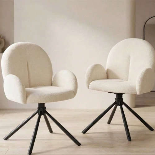 Set Of 2 Swivel Dining Chairs With Armrests, Soft Upholstered Chair In Velvet-Like Finish - White - View 1