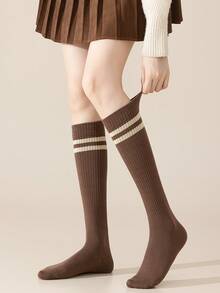1/6 Pairs Women's Calf Socks, Solid Color Double Stripe Vertical Line Slimming Anti-Slip Knee-High Socks, Daily Wear - Multicolor - View 8