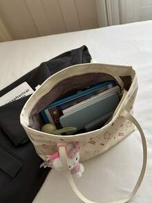 1 pieza Bolso tote minimalista y de moda de gran capacidad con decoración de lazo, cierre de cremallera, unicolor ligero, asas duales para llevar en la mano y al hombro, adecuado para la vida diaria de las mujeres, uso casual, desplazamientos, trabajo y uso escolar de estudiantes - Blanco - Ver 4