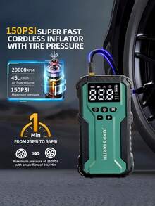 汽車電池啟動器附 150PSI 充氣泵，可攜式汽車啟動器含自動關機胎壓充氣機，附跳線與照明燈 - J33啟動電源 - 查看 3