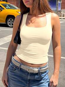 Women Square Neck Wide Strap Stretchy Slim Fit Crop Tank Top Basic Casual Camisole For Vacation Beach Street Daily Outdoor Wear - 杏色 - 查看 4