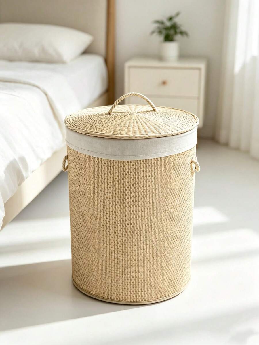 Round/Rectangular Wicker Laundry Basket With Lid, Laundry Basket, Laundry Hamper, Storage Basket, Clothes Bin,Linen Lined Clothes Storage Hamper With Rope Handles, Large Capacity Dirty Clothes Organizer Bin For Bedroom Bathroom Laundry Room, - View 1