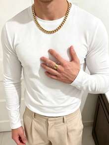 Men's Classic Solid Color Crew Neck Long Sleeve T-Shirt, All-Season Wear, Essential Long Sleeve For Autumn/Winter Wardrobe - White - View 3