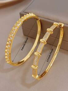 1Pc/Set Elegant Gold Plated Rectangular Shiny Zirconia Stack Bangle Bracelet Set,Gold Jewelry For Women,Daily,Party,Wedding,Valentine Gifts,Christmas - Multicolor - View 5