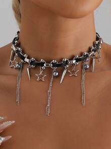 1pc Exquisite Heavy Metal Punk Gothic Style Pentagram Tassel Leather Rope Collarbone Necklace, Sweet & Cool Hort Girl Style, Suitable For Party, Matching With Best Friends, Gift - Silver - View 3