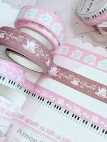 Set Pita Washi Motif Bunga Pastoral Romantis, Mawar Warna Macaron Mengkilap, Papan Ketik Piano, Pita Washi Dekoratif Motif Sulur Mawar, Cocok untuk Tata Letak Buku Harian, Pembuatan Kartu, Dekorasi Pembungkus Kado - A - View 3