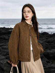Korean Style Vintage Fleece Suede Lamb Wool Jacket Solid Color Zipper Jacket Daily Office Campus Autumn Winter - Coffee Brown - View 7