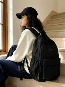 Solid Color Corduroy Fabric Fashion Versatile Minimalist Women's Backpack - Black - View 7