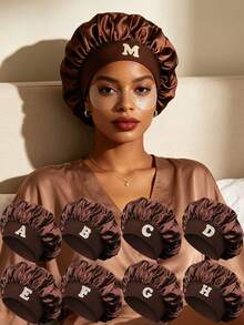 1pc Unisex Customized A-Z Letter Satin Sleep Cap, Soft Comfortable Wide Brim Elastic Silk Sleep Cap, Suitable For Daily Wear - Coffee Brown - View 1