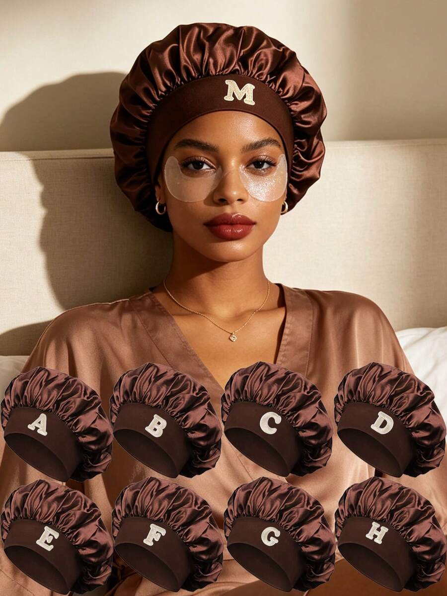 1pc Unisex Customized A-Z Letter Satin Sleep Cap, Soft Comfortable Wide Brim Elastic Silk Sleep Cap, Suitable For Daily Wear - Coffee Brown - View 1