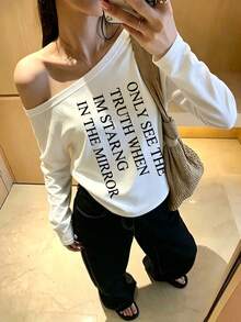 女款長袖露肩T恤，白色聚酯纖維材質，不對稱領口設計，展現時尚休閒風格 - 白色 - 查看 5
