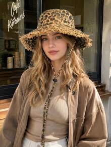 1pc Women's Spring Summer Autumn Bucket Hat, American Retro Leopard Print Frayed Edge Wide Brim Fisherman Hat, Windproof Drawstring Sun Hat, Versatile Distressed Denim Bucket Hat, Suitable For Outdoor, Travel, Daily Use, Back To School Season - Bucket Hat - View 8