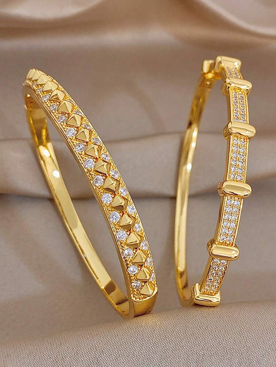 1Pc/Set Elegant Gold Plated Rectangular Shiny Zirconia Stack Bangle Bracelet Set,Gold Jewelry For Women,Daily,Party,Wedding,Valentine Gifts,Christmas - Multicolor - View 1