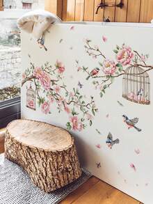 1pc Pink Camellia Flower Branch Bird Cage Wall Decor Sticker, Removable Room Decoration Wall Decal For Bedroom, Living Room, Entryway - 1PC - View 5