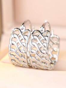 Vanel 1pc Elegant Minimalist Bold Round Tube Woven Design Earrings, Suitable For Street Outings, Casual Dates, Shopping With Friends, Business Casual Meetings - Silver - View 1