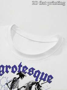 Camiseta de manga corta holgada para hombre con estampado gráfico de caballo esqueleto grotesco de estética oscura vintage, camiseta casual suelta de cuello redondo cómoda, streetwear - Negro - Ver 1