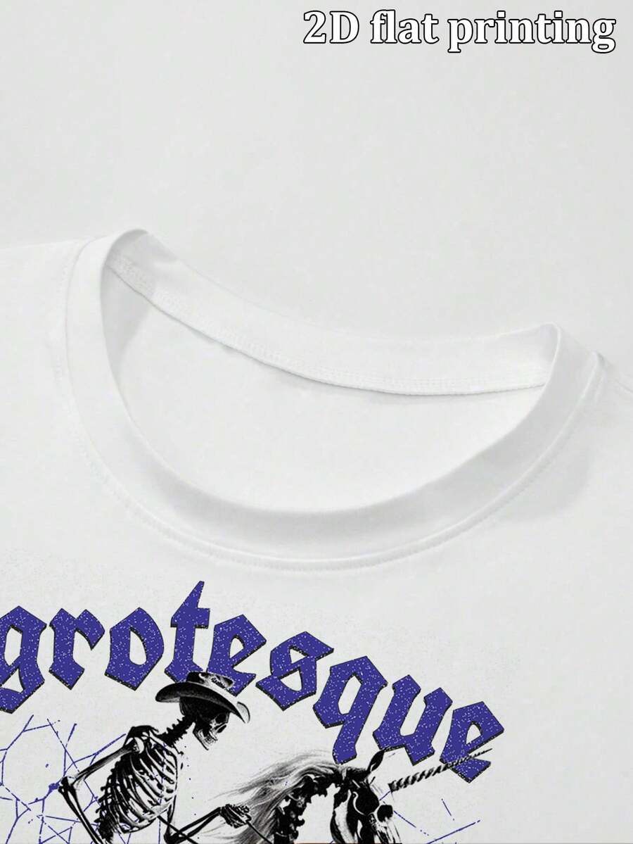 Camiseta de manga corta holgada para hombre con estampado gráfico de caballo esqueleto grotesco de estética oscura vintage, camiseta casual suelta de cuello redondo cómoda, streetwear - Negro - Ver 1