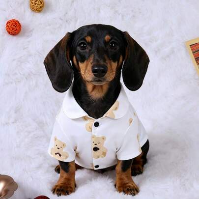 1pc Bear Print Knitted Pet Clothes, Soft Breathable Button Shirt, Suitable For Dogs And Cats, Spring/Summer Wear, Fits Extra Small, Small And Medium Breeds, Compatible With Pomeranian, Chihuahua, Yorkshire Terrier, Dachshund, Poodle And Other Puppies, Kittens, Daily Wear, Party Outfits And Photo Shoots