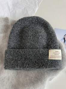 1pc Women's Solid Color Faux Knitted Knitted Beanie, Classic Elegant Unisex Autumn/Winter Versatile Ear-Flap Double-Layer Thickened Face-Slimming Knitted Cold Hat With Label, Suitable For Daily Wear And Holiday Gift - Multiple Styles - View 5