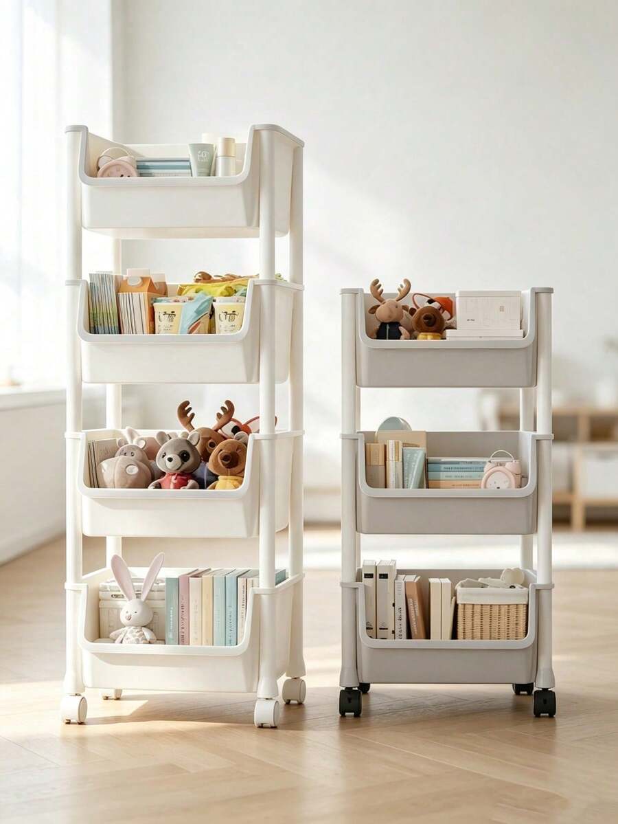 3/4/5 Tier Rolling Storage Cart, White Plastic Multi-Layer Mobile Shelving Organizer With Wheels, Freestanding Utility Storage Trolley For Bathroom, Bedroom, Kitchen & Office,Movable Storage Rack, Slim Gap Trolley
