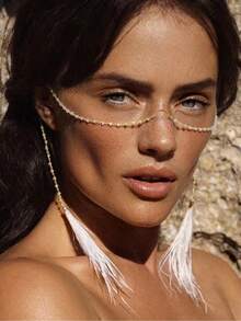 outingfit 1pc Gold Faux Pearl Face Chain For Women, Bohemian Style Multi-Layer Ear Hook Facial Decoration Body Chain, Suitable For Music Festivals, Parties, Proms, Beach Vacations, Wedding Guest Outfits - Feather - View 1