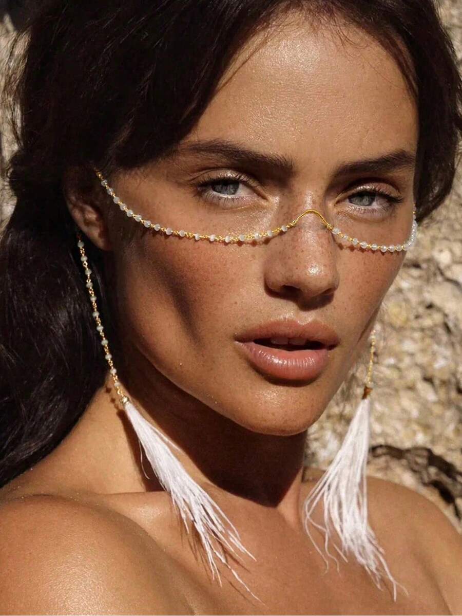 outingfit 1pc Gold Faux Pearl Face Chain For Women, Bohemian Style Multi-Layer Ear Hook Facial Decoration Body Chain, Suitable For Music Festivals, Parties, Proms, Beach Vacations, Wedding Guest Outfits - Feather - View 1