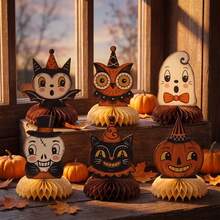 6PCS Halloween Party Vintage Theme Desktop Decorations, Cartoon Vintage Theme Halloween Honeycomb Ornaments, Includes Owl, Pumpkin Head, And Skull, Suitable For Halloween Party Table Decoration, Party Supplies, Can Be Used Indoors - A - View 1