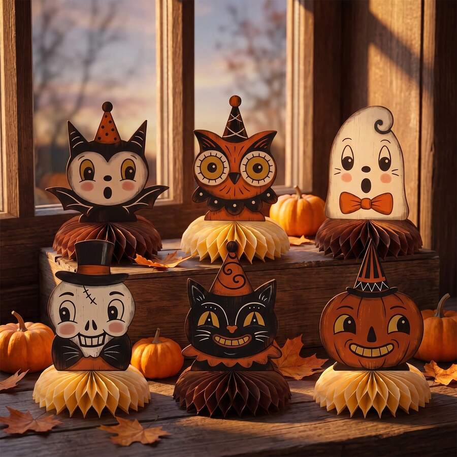 6PCS Halloween Party Vintage Theme Desktop Decorations, Cartoon Vintage Theme Halloween Honeycomb Ornaments, Includes Owl, Pumpkin Head, And Skull, Suitable For Halloween Party Table Decoration, Party Supplies, Can Be Used Indoors - A - View 1