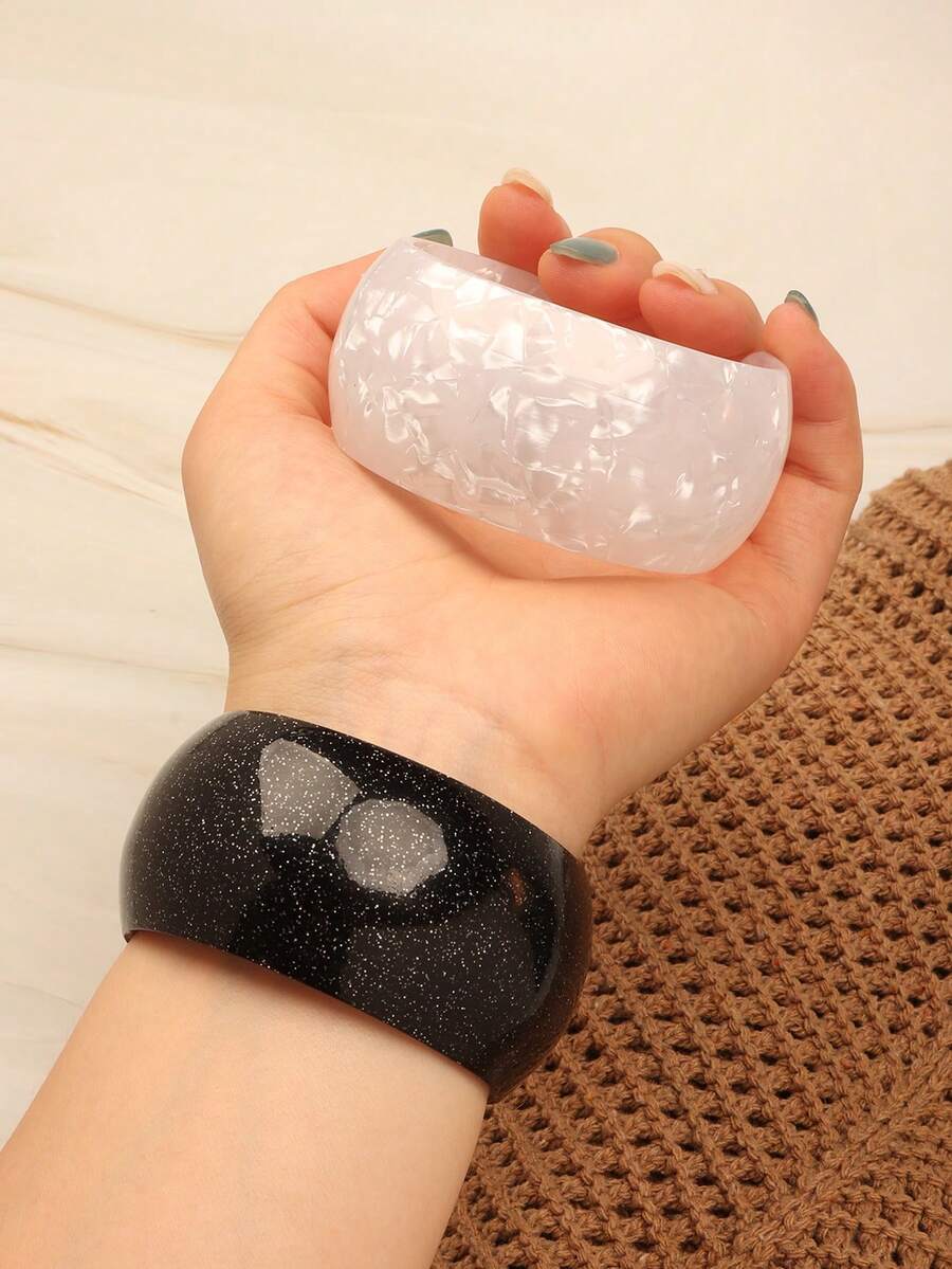 1件條紋圓形開口壓克力手鐲,極簡個性化女款手環 - 黑色 - 查看 1