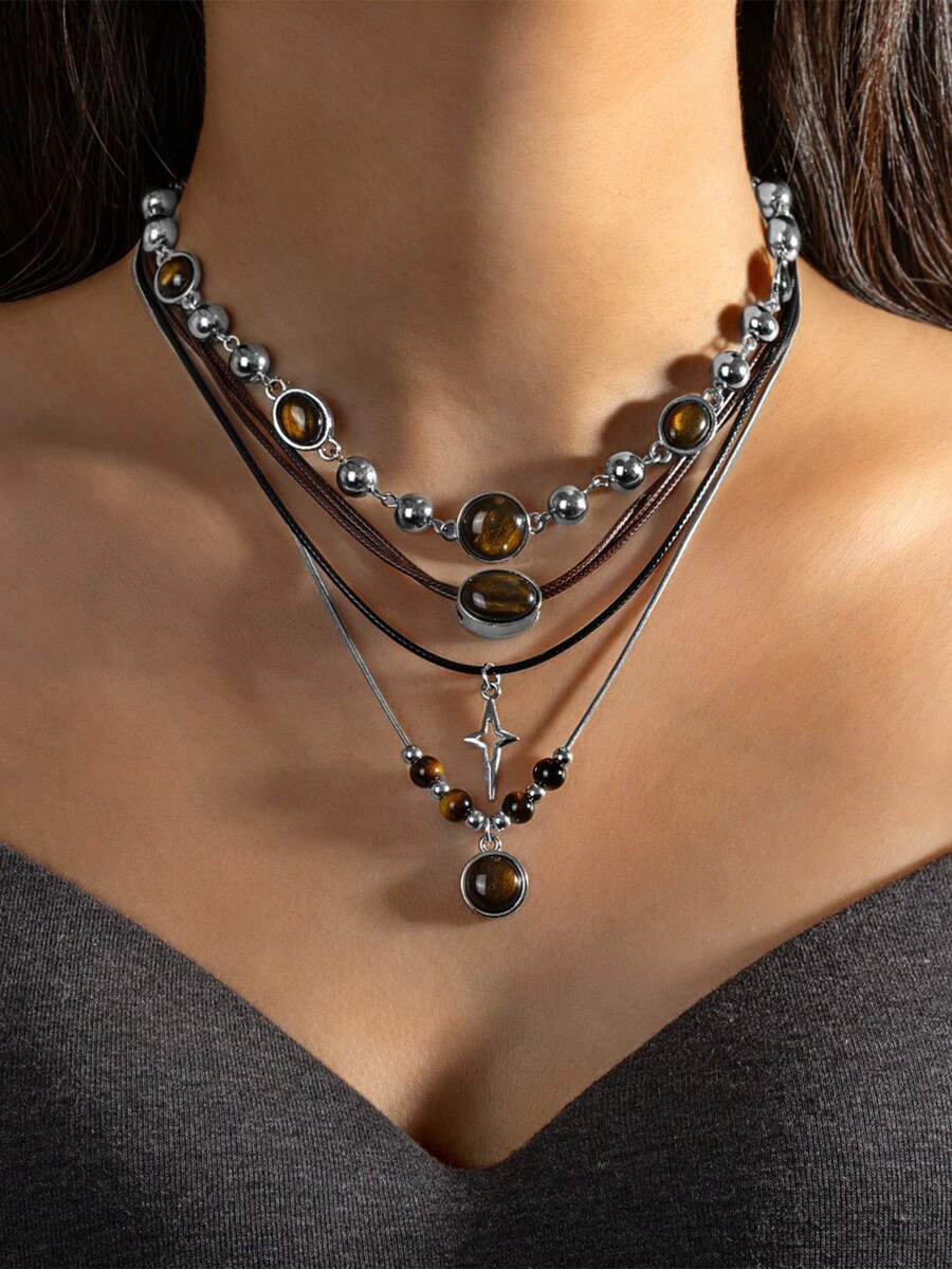 Vintage Brown Leather Gemstone Pendant Necklace Layered Choker Collarbone Chain For Women And Girls Autumn/Winter - Multicolor - View 1
