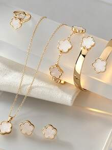 6pcs Lucky Five-Leaf Clover Design Bracelet, Necklace, Earrings, Bangle And Ring Set, Delicate Fashion Gift Set For Teenagers - A - View 6