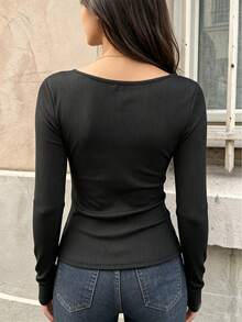 Sexy V-Neck Ruched Long Sleeve Ribbed Slim Fit Women's Top, Autumn/Winter New Style, Versatile For Daily Wear And Commuting,Fall Tops,Black Tops - Black - View 4